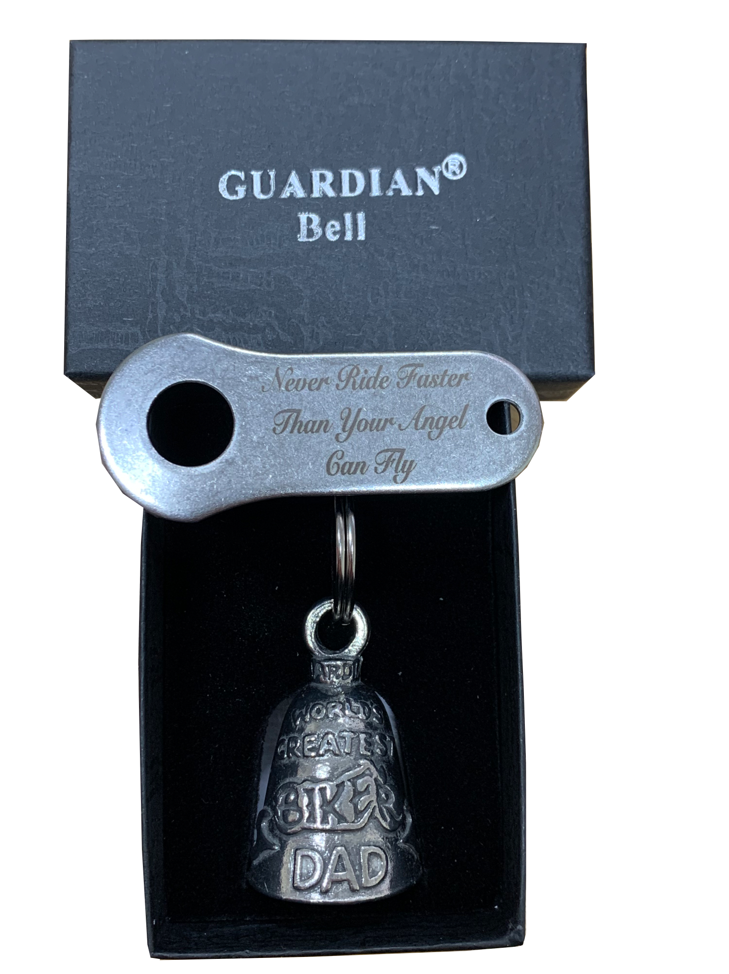 Biker Dad Guardian Angel Bell with Gift Box & Engraved Bell Hanger - Fat Skeleton UK