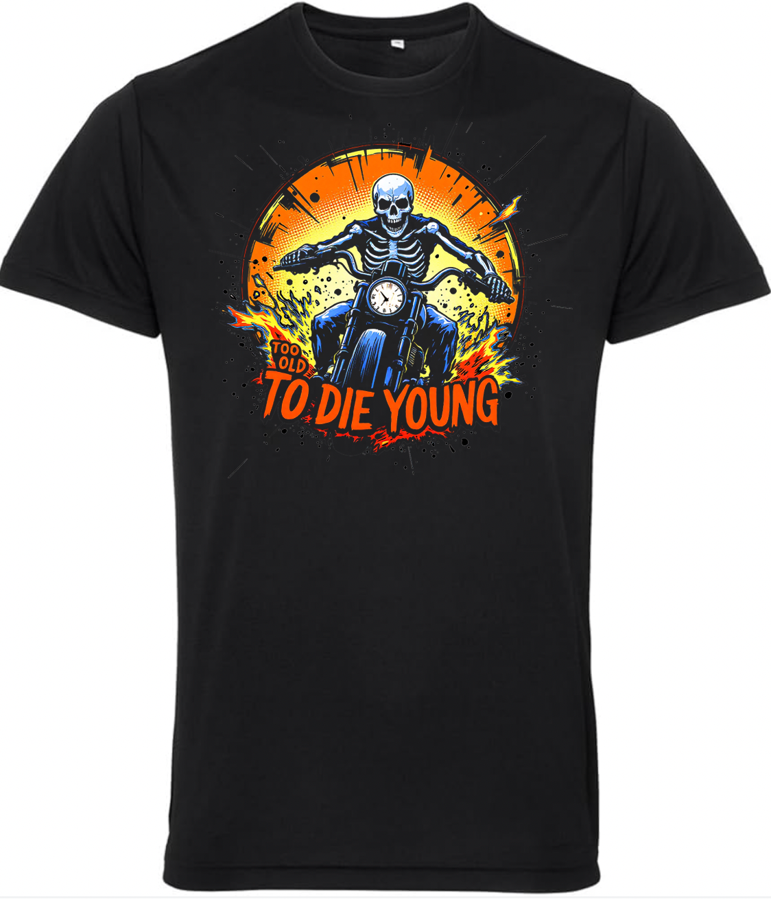 Too Old To Die Young Colour Explosion Biker T Shirt - Fat Skeleton UK