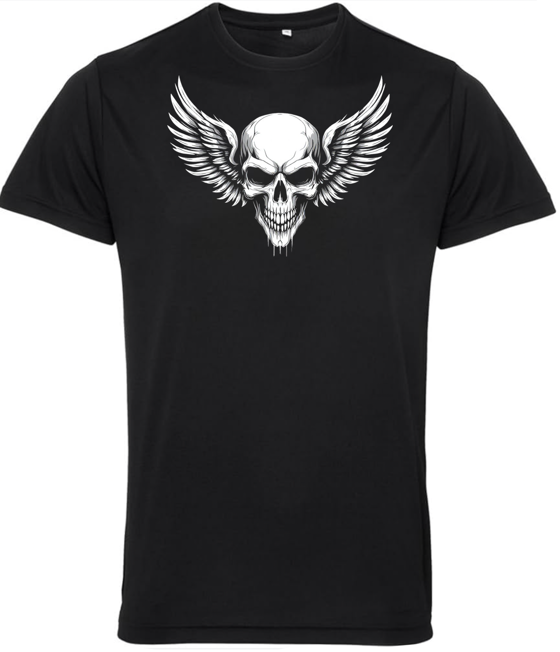 Grinning Skull & Wings Biker T Shirt - Fat Skeleton UK