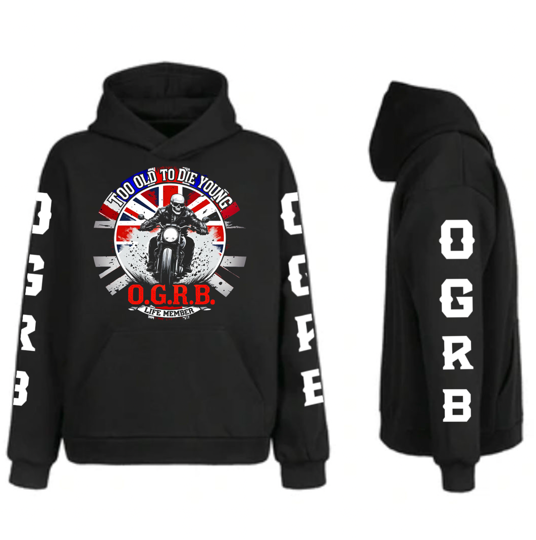 Old Guys Riding Bikes Too Old to Die Young Union Jack Hoodie - Fat Skeleton UK