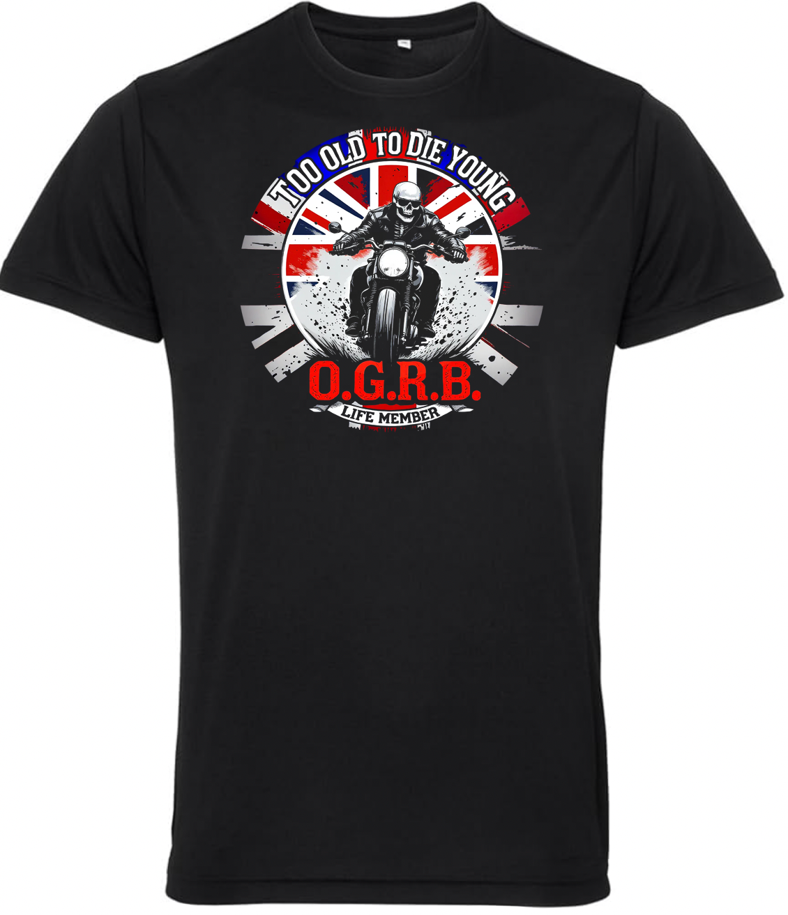 Old Guys Riding Bikes Too Old to Die Young Union Jack T Shirt - Fat Skeleton UK