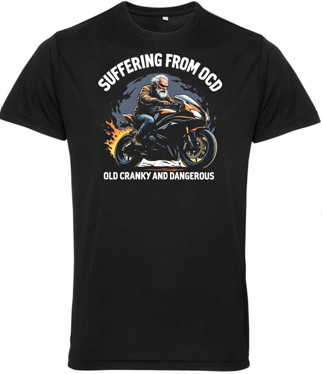 Old & Cranky O.C.D. Sportsbike Old Guys Riding Bikes T Shirt - Fat Skeleton UK