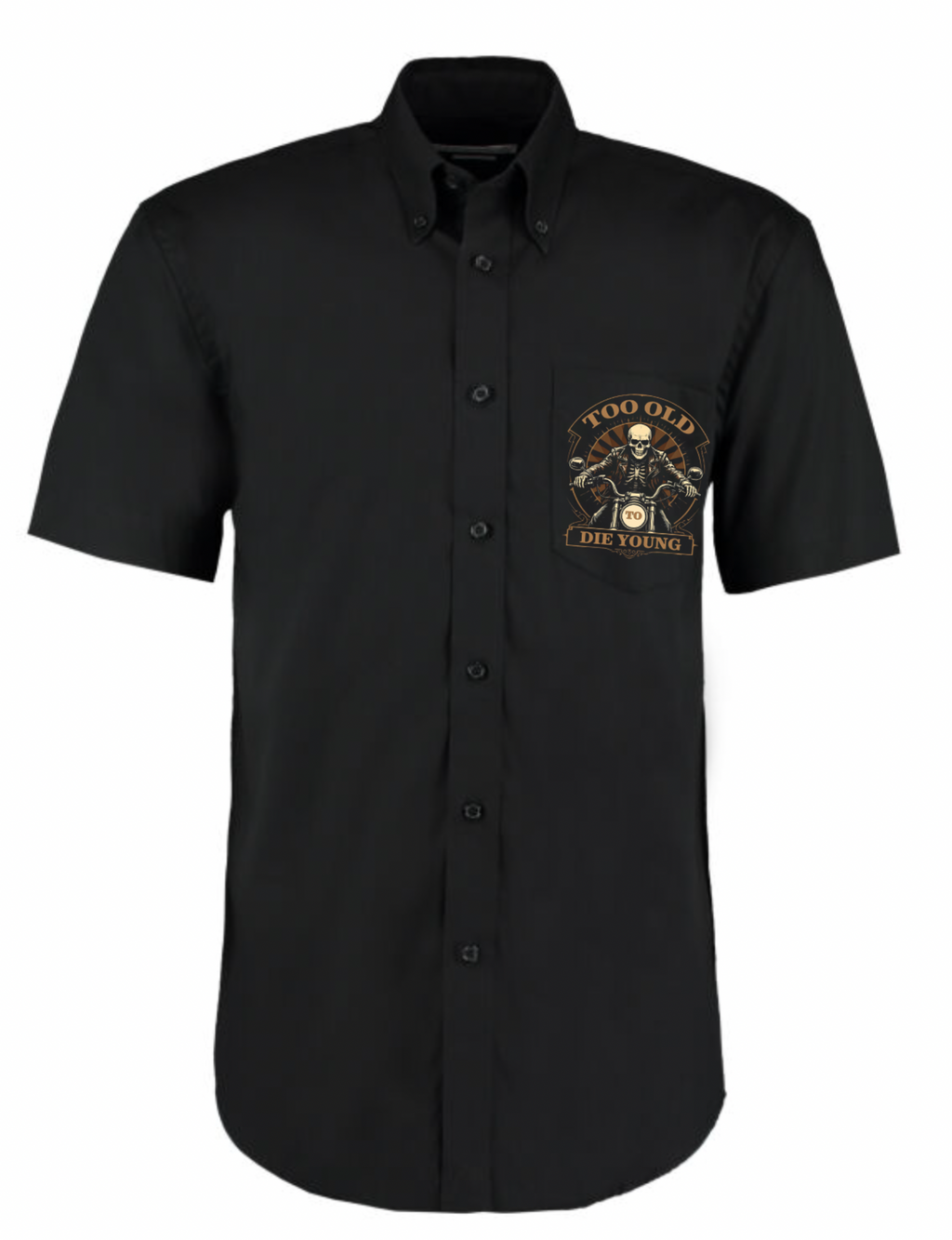 Fat Skeleton Too Old To Die Young Skeleton Biker Garage Work Shirt - Fat Skeleton UK