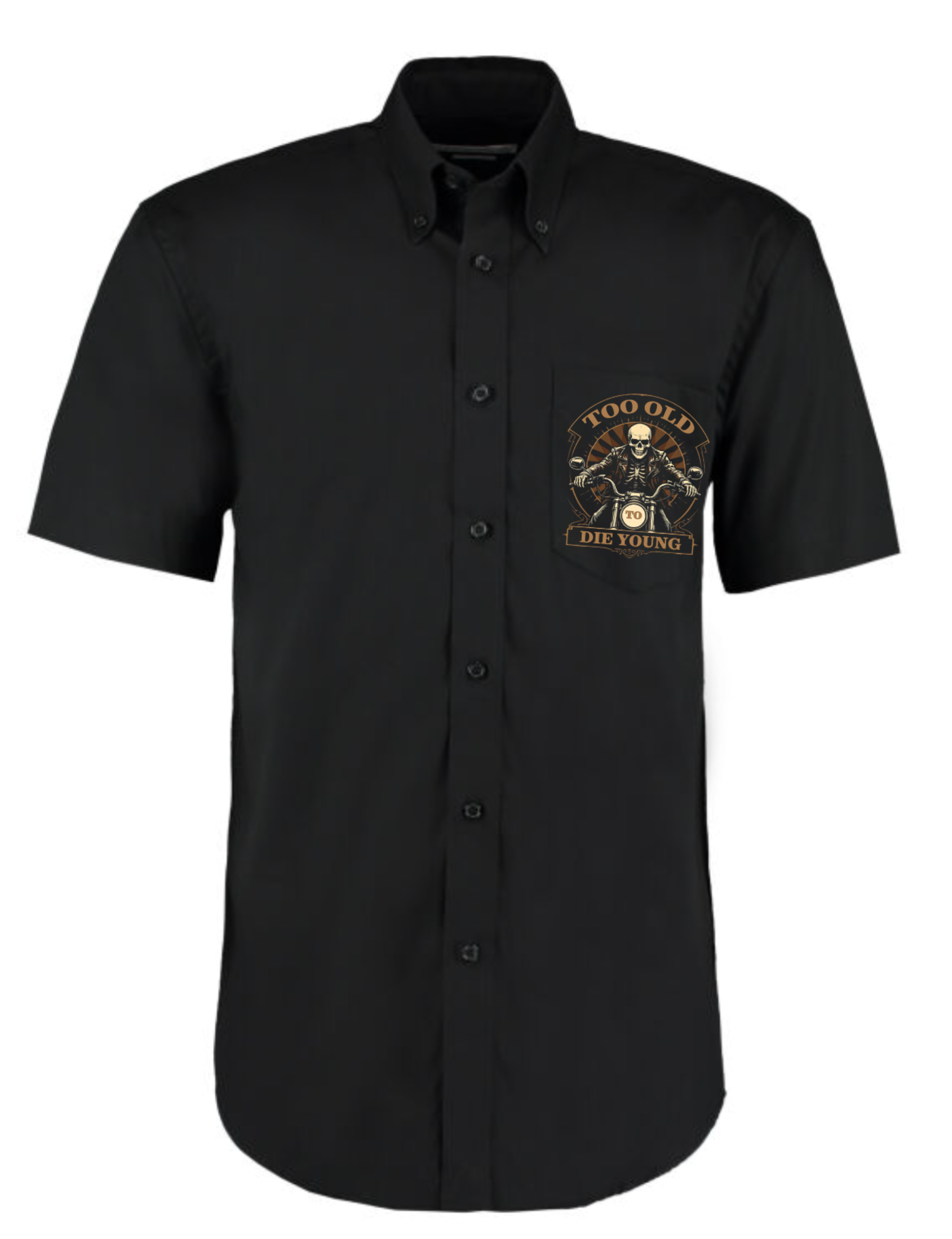 Fat Skeleton Too Old To Die Young Skeleton Biker Garage Work Shirt - Fat Skeleton UK