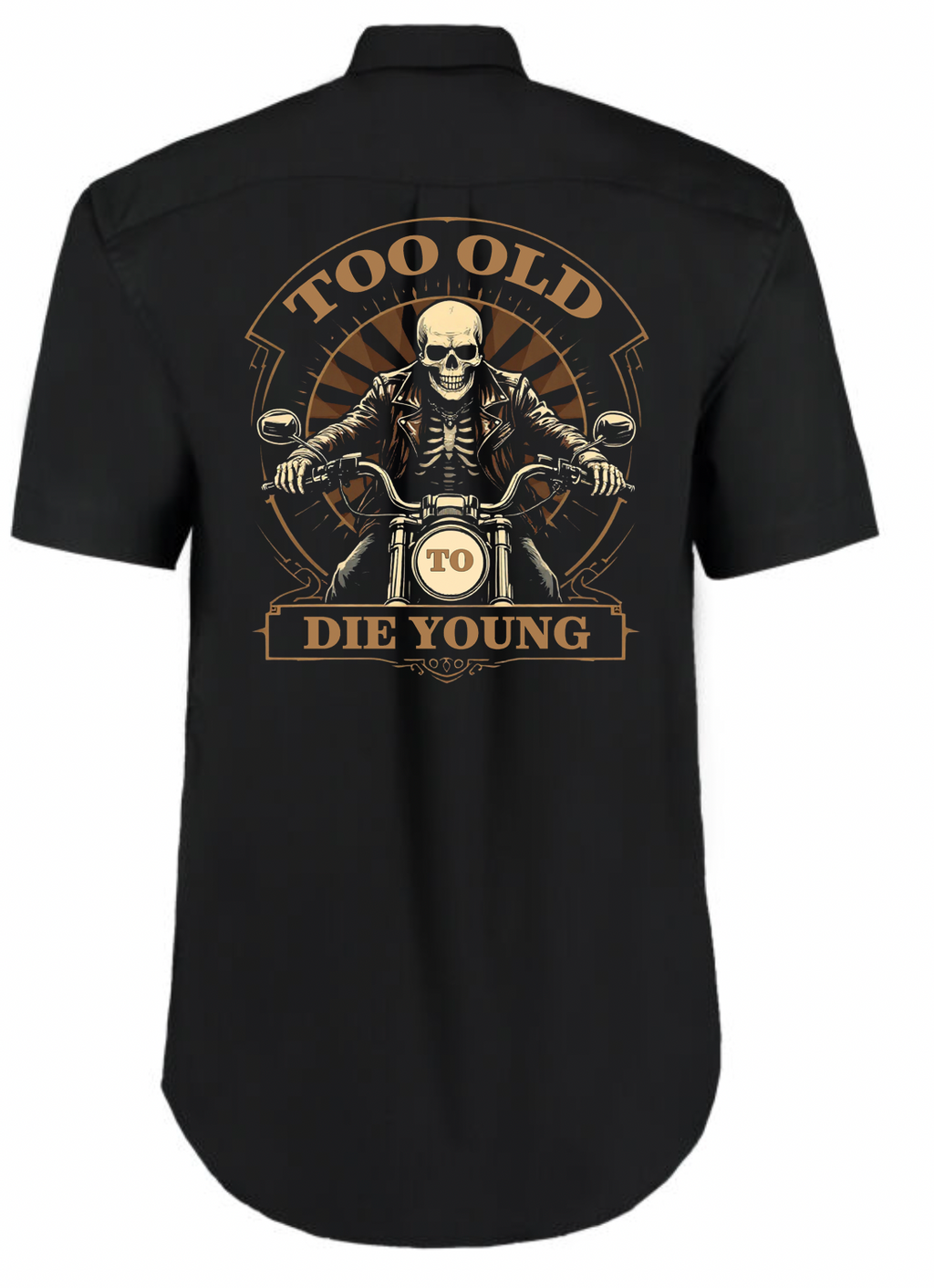 Fat Skeleton Too Old To Die Young Skeleton Biker Garage Work Shirt - Fat Skeleton UK