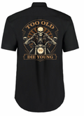 Fat Skeleton Too Old To Die Young Skeleton Biker Garage Work Shirt - Fat Skeleton UK