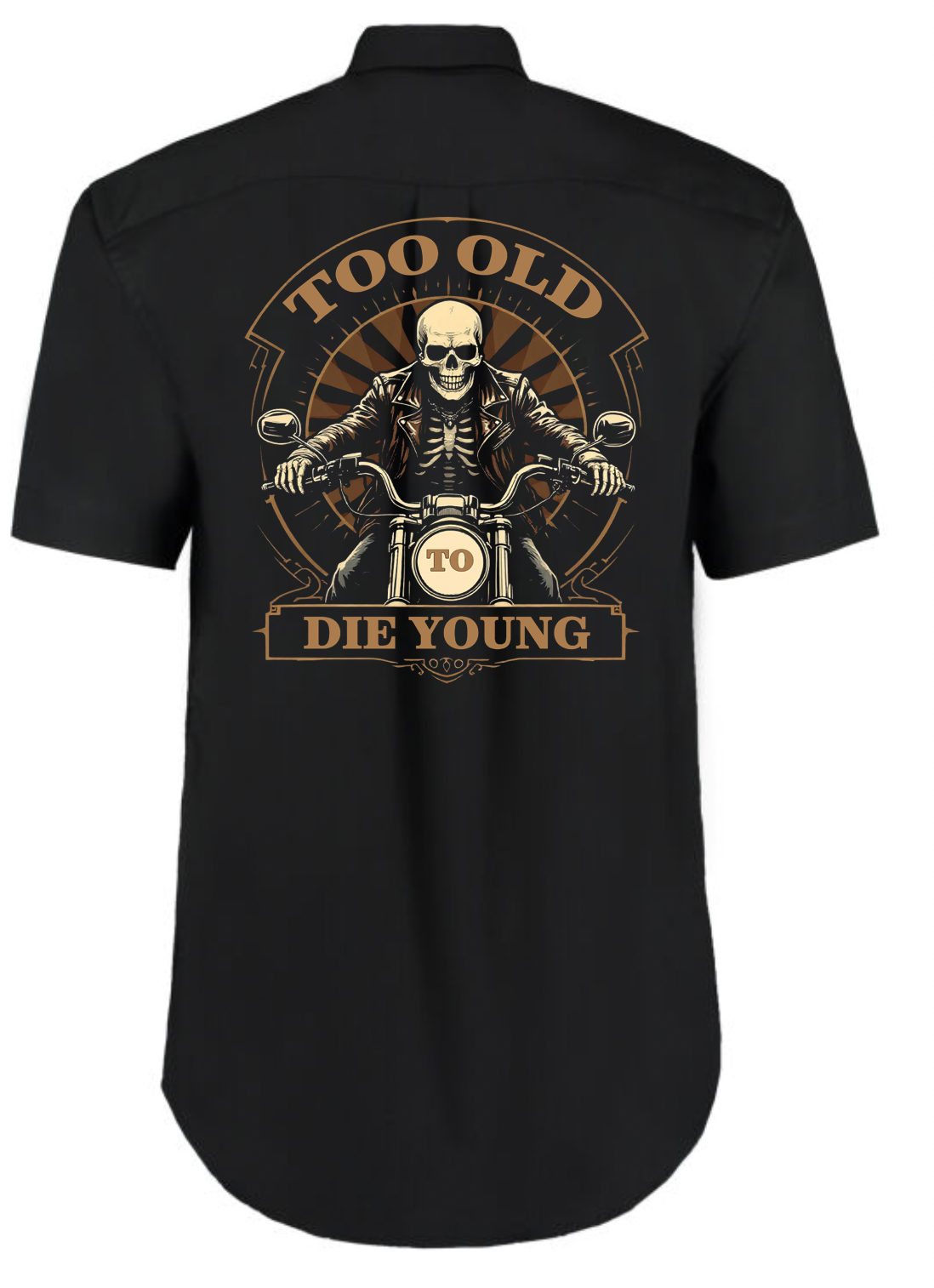 Fat Skeleton Too Old To Die Young Skeleton Biker Garage Work Shirt - Fat Skeleton UK