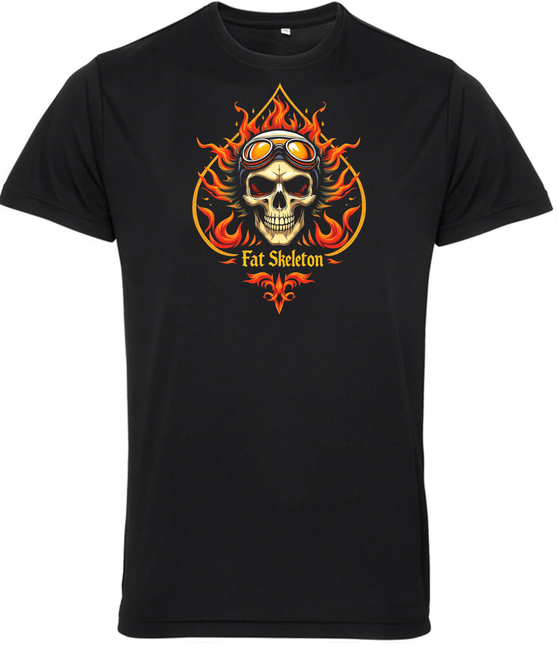 Fat Skeleton Skull & Flames Biker T Shirt - Fat Skeleton UK