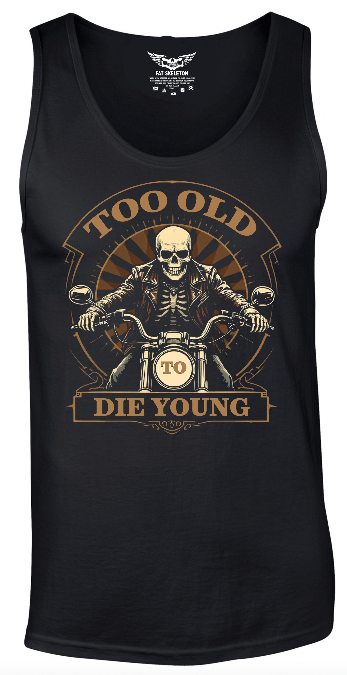 Fat Skeleton Too Old To Die Young Skeleton Biker Vest - Fat Skeleton UK