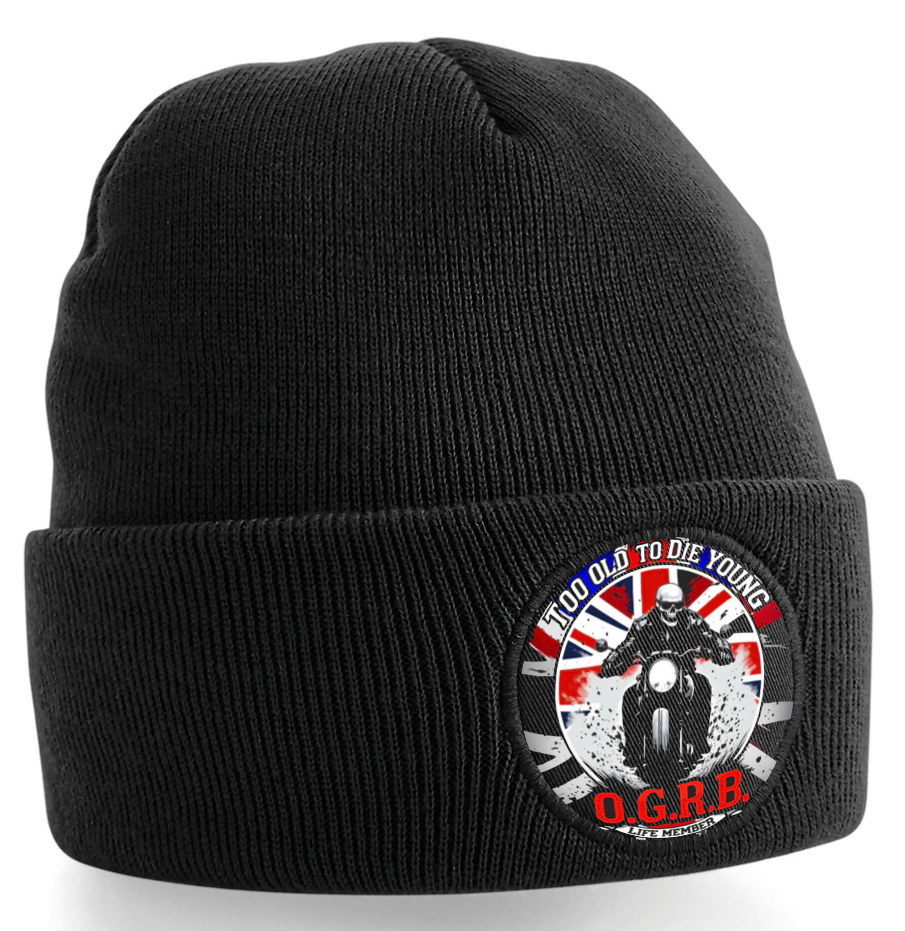 Old Guys Riding Bikes Too Old to Die Young Black Patch Beanie - Fat Skeleton UK
