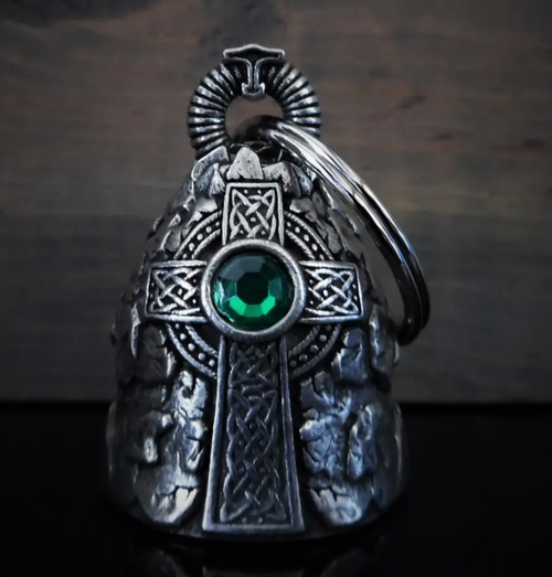 Celtic Cross with Green Crystal Motorcycle Guardian Angel Bell - Fat Skeleton UK