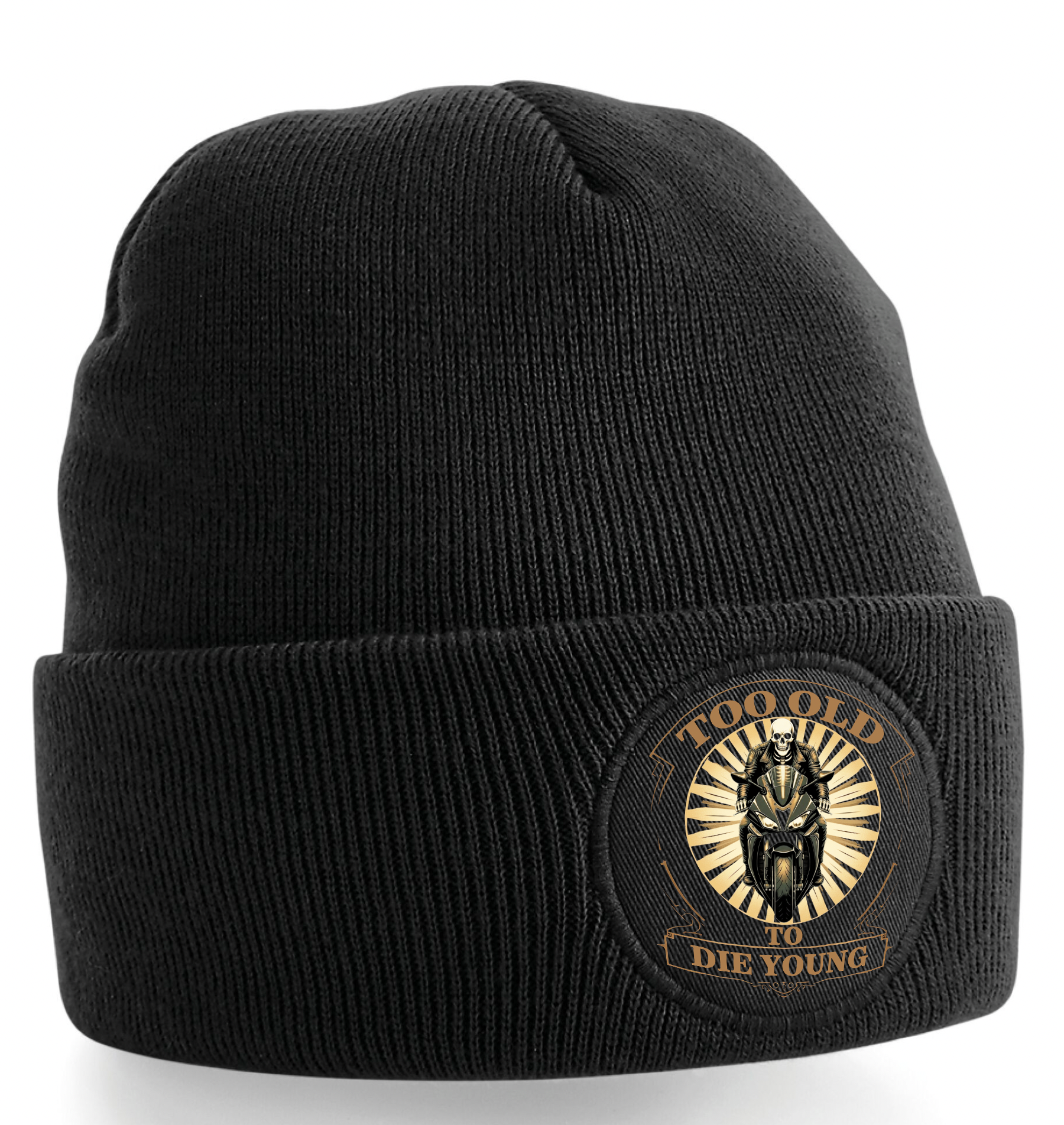 Fat Skeleton Too Old to Die Young Sportbike Rider Black Patch Beanie - Fat Skeleton UK