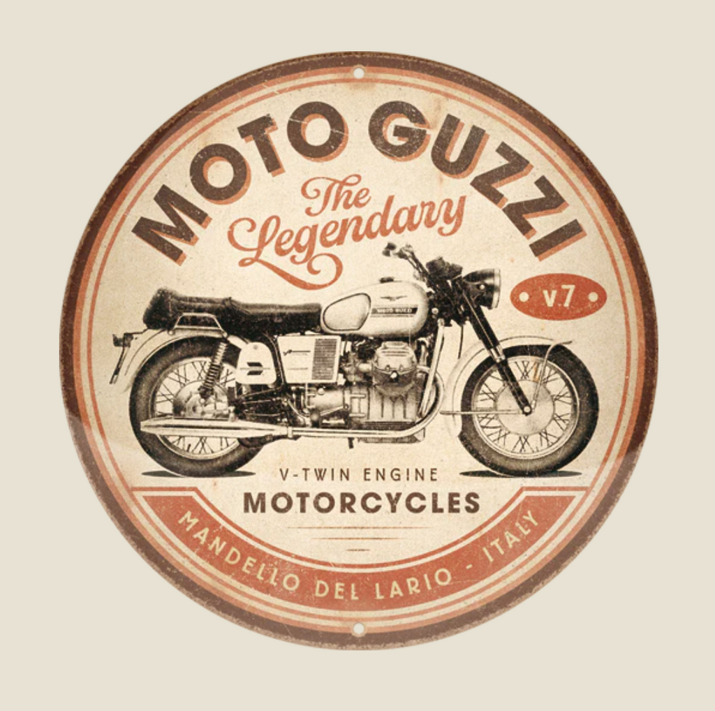 Moto Guzzi Legendary V Twin Pressed Metal Sign 35cm x 35cm - Fat Skeleton UK