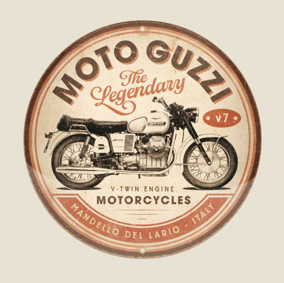 Moto Guzzi Legendary V Twin Pressed Metal Sign 35cm x 35cm - Fat Skeleton UK