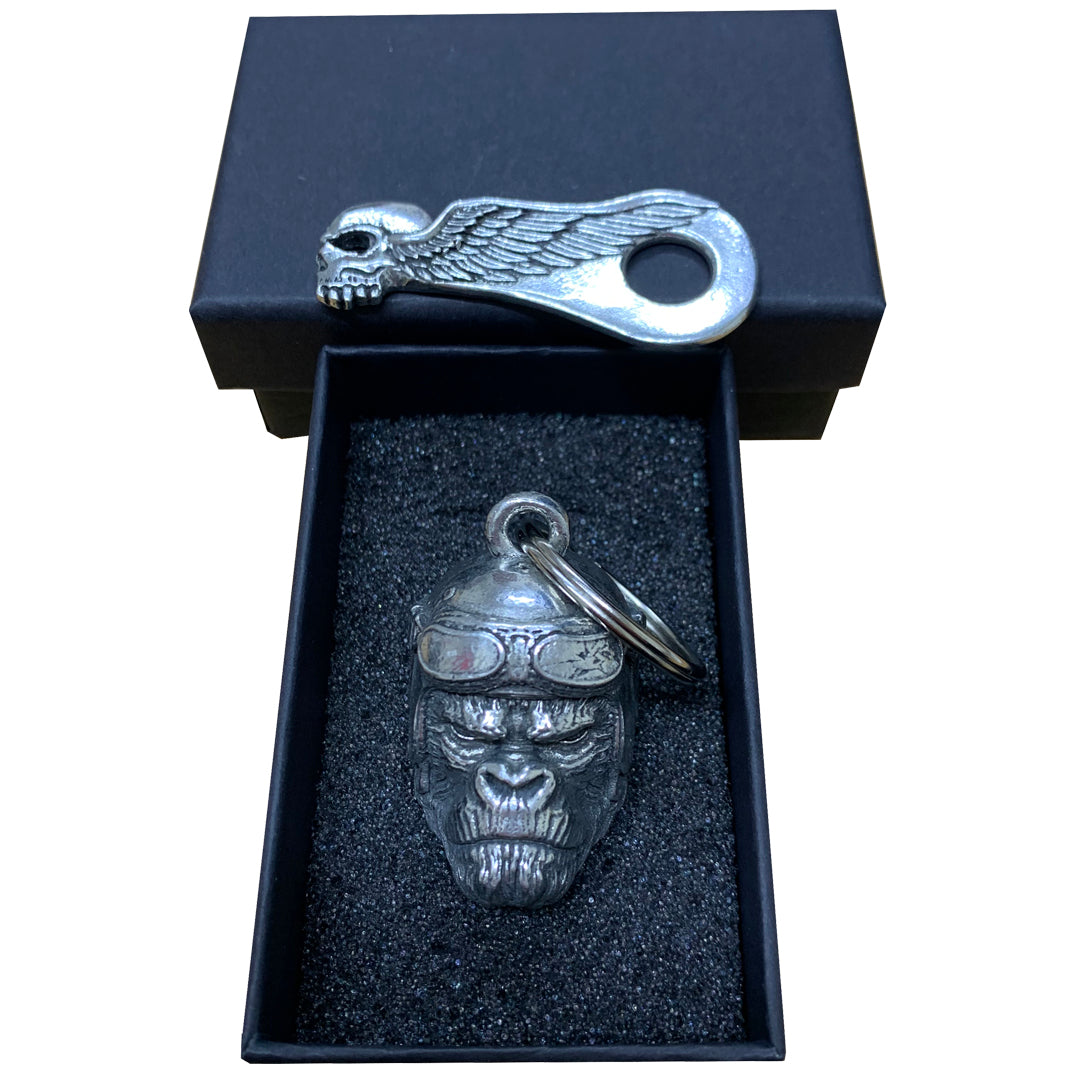 3D Biker Gorilla Guardian Angel Bell with Skull Bell Hanger & Gift Box - Fat Skeleton UK